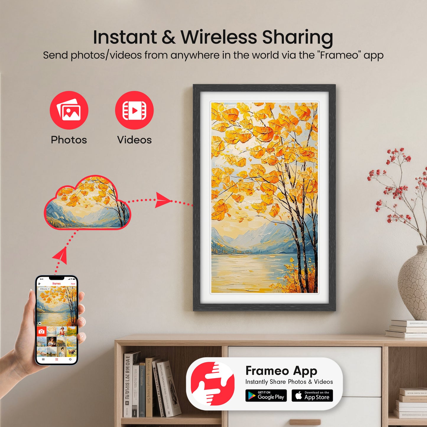 Frameo 21.5 Inch WiFi Digital Photo Frame with 64GB Memory, 1920x1080 FHD IPS Touchscreen Digital Picture Frame, Auto-Rotate, Instant Photo & Video Sharing via Frameo App
