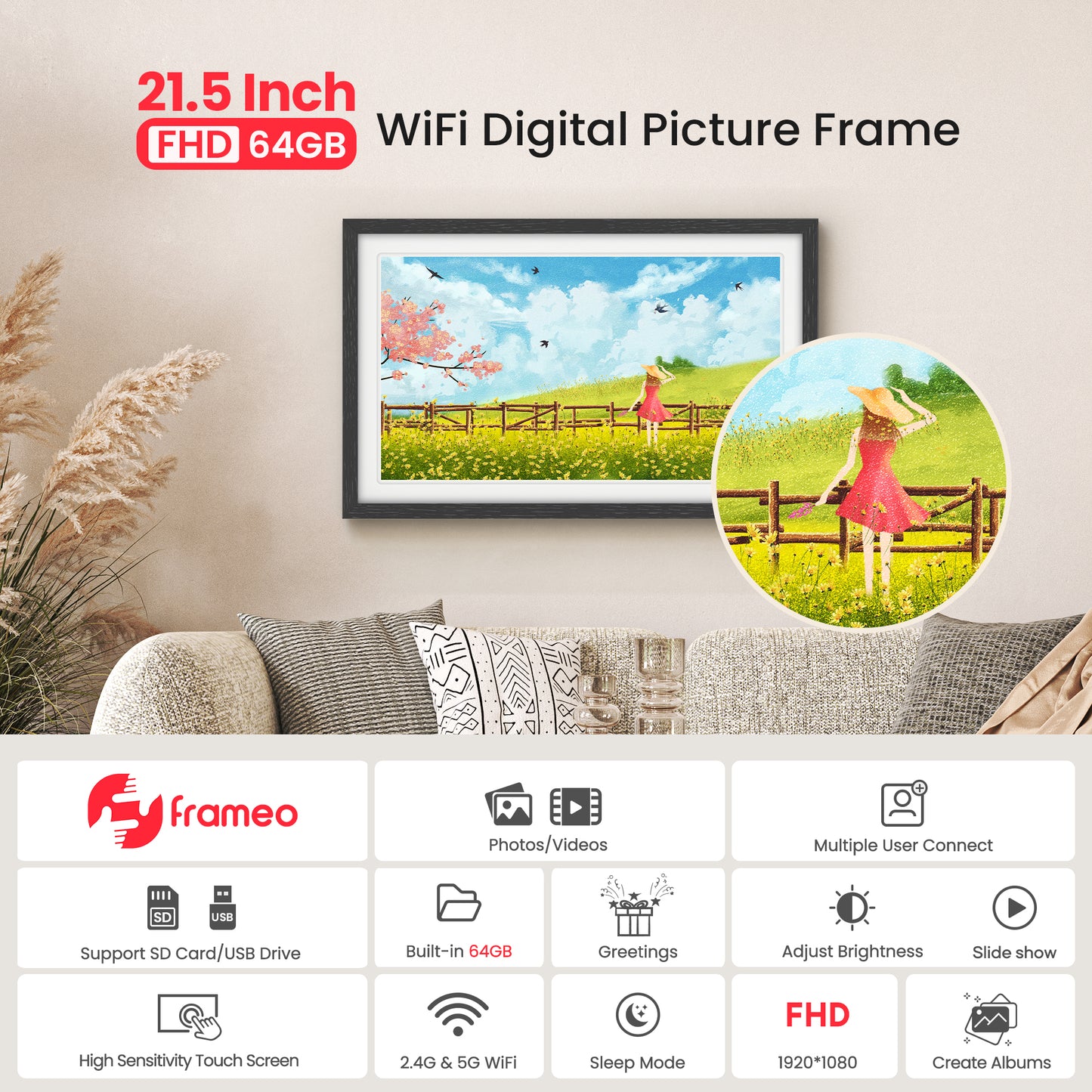 Frameo 21.5 Inch WiFi Digital Photo Frame with 64GB Memory, 1920x1080 FHD IPS Touchscreen Digital Picture Frame, Auto-Rotate, Instant Photo & Video Sharing via Frameo App