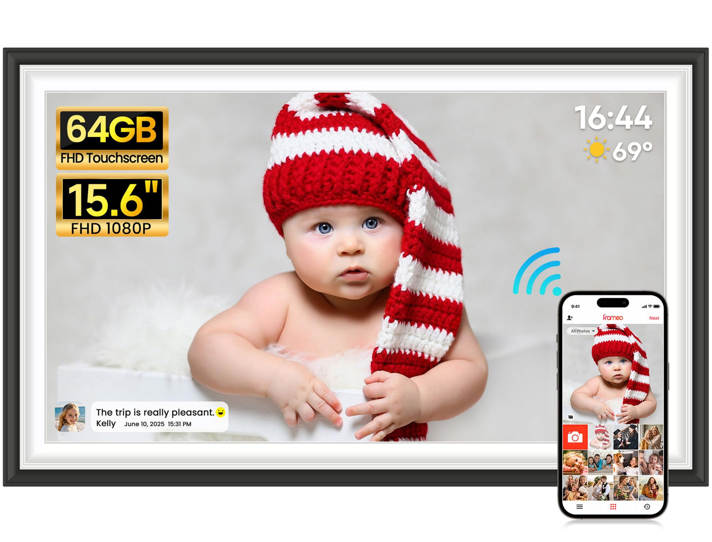 64GB 15.6 inch Frameo Digital Photo Frame WiFi -1920 * 1080 FHD Digital Picture Frame, IPS Touch Screen Electronic Frames with Auto-Rotate, Slideshow, Wall-Mounted, Share Photos Videos Instantly