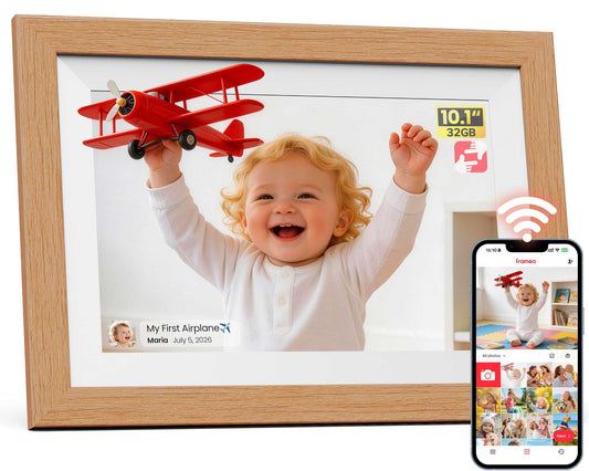 Frameo WiFi Digital Photo Frame 10.1 Inch Natural Wood - 1280x800 HD IPS Touch Screen Picture Frame Electronic, 32GB Memory, Auto Rotate, Digital PictureFrame for Sharing Photos and Videos