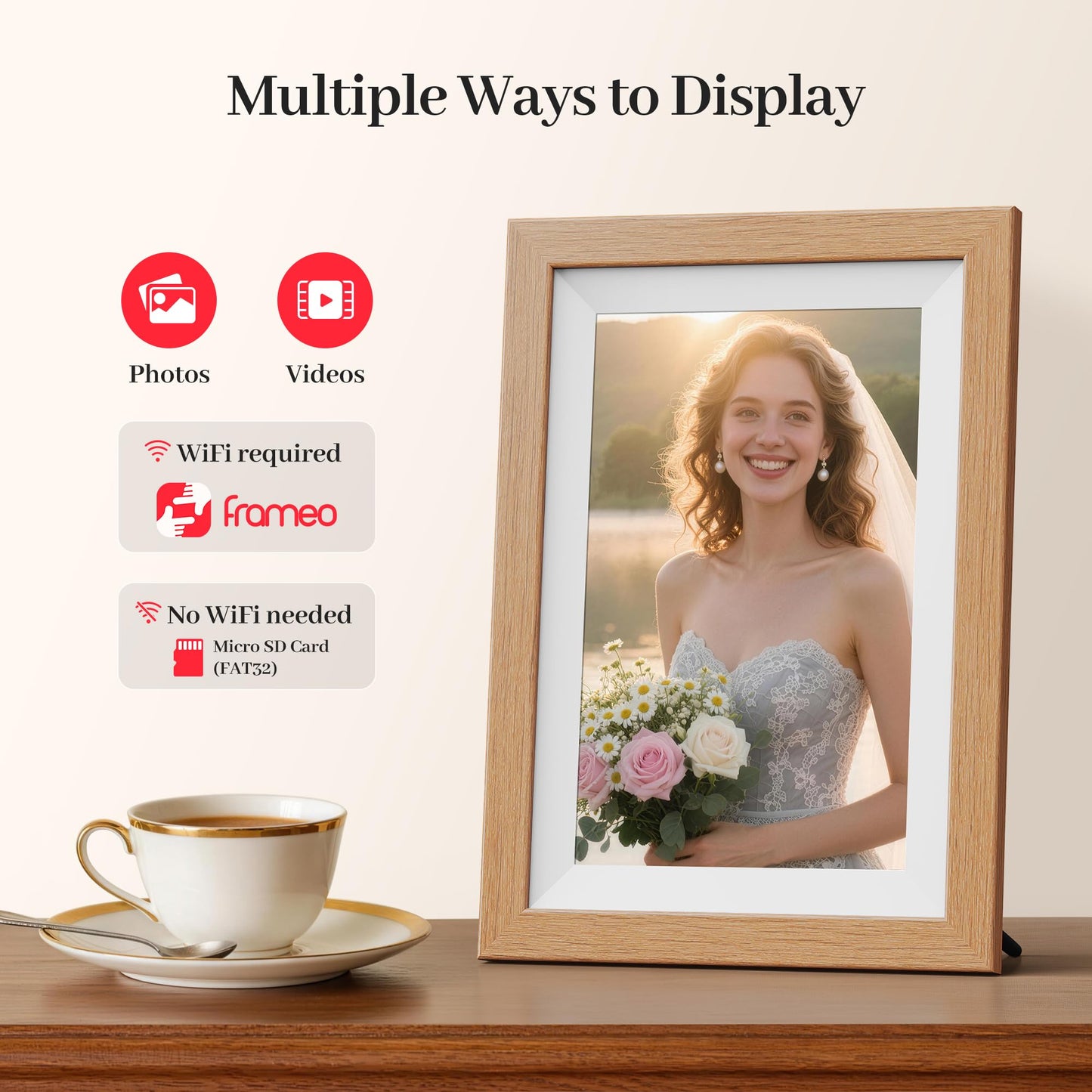 Frameo WiFi Digital Photo Frame 10.1 Inch Natural Wood - 1280x800 HD IPS Touch Screen Picture Frame Electronic, 32GB Memory, Auto Rotate, Digital PictureFrame for Sharing Photos and Videos