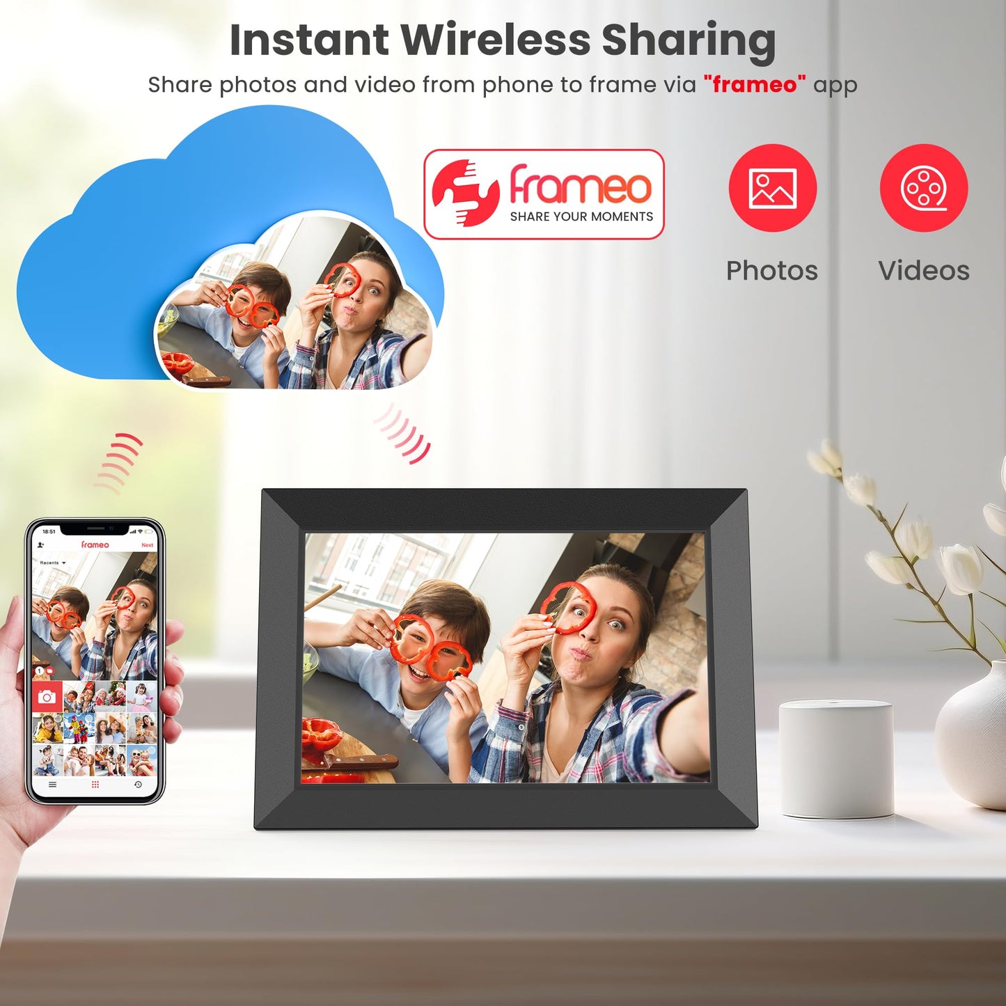 Frameo WiFi Digital Photo Frame 10.1 Inch - 1280x800 HD IPS Touch Screen Picture Frame Electronic, 32GB Memory, Auto Rotate, Wall Mountable, Digital PictureFrame for Sharing Photos and Videos