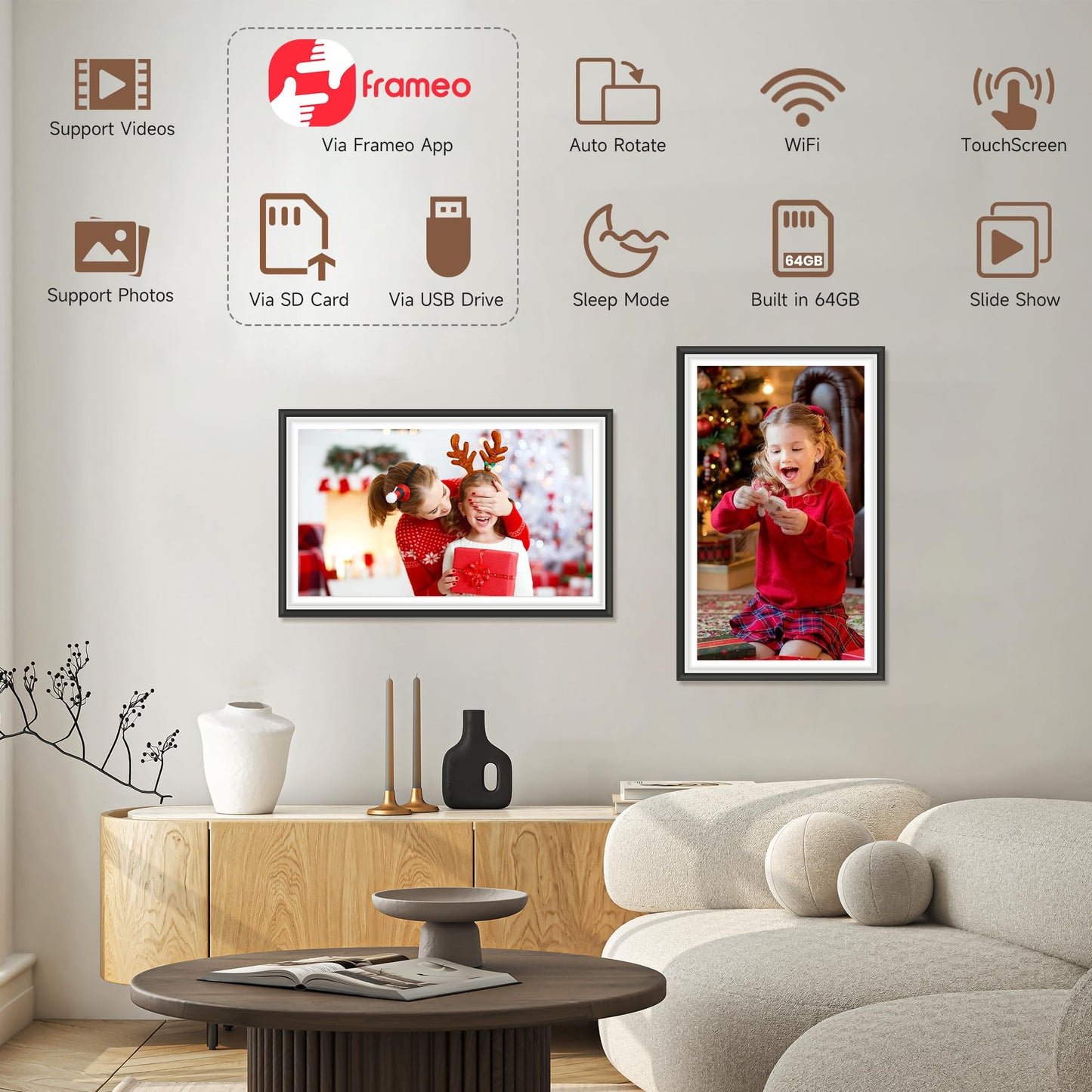 64GB 15.6 inch Frameo Digital Photo Frame WiFi -1920 * 1080 FHD Digital Picture Frame, IPS Touch Screen Electronic Frames with Auto-Rotate, Slideshow, Wall-Mounted, Share Photos Videos Instantly