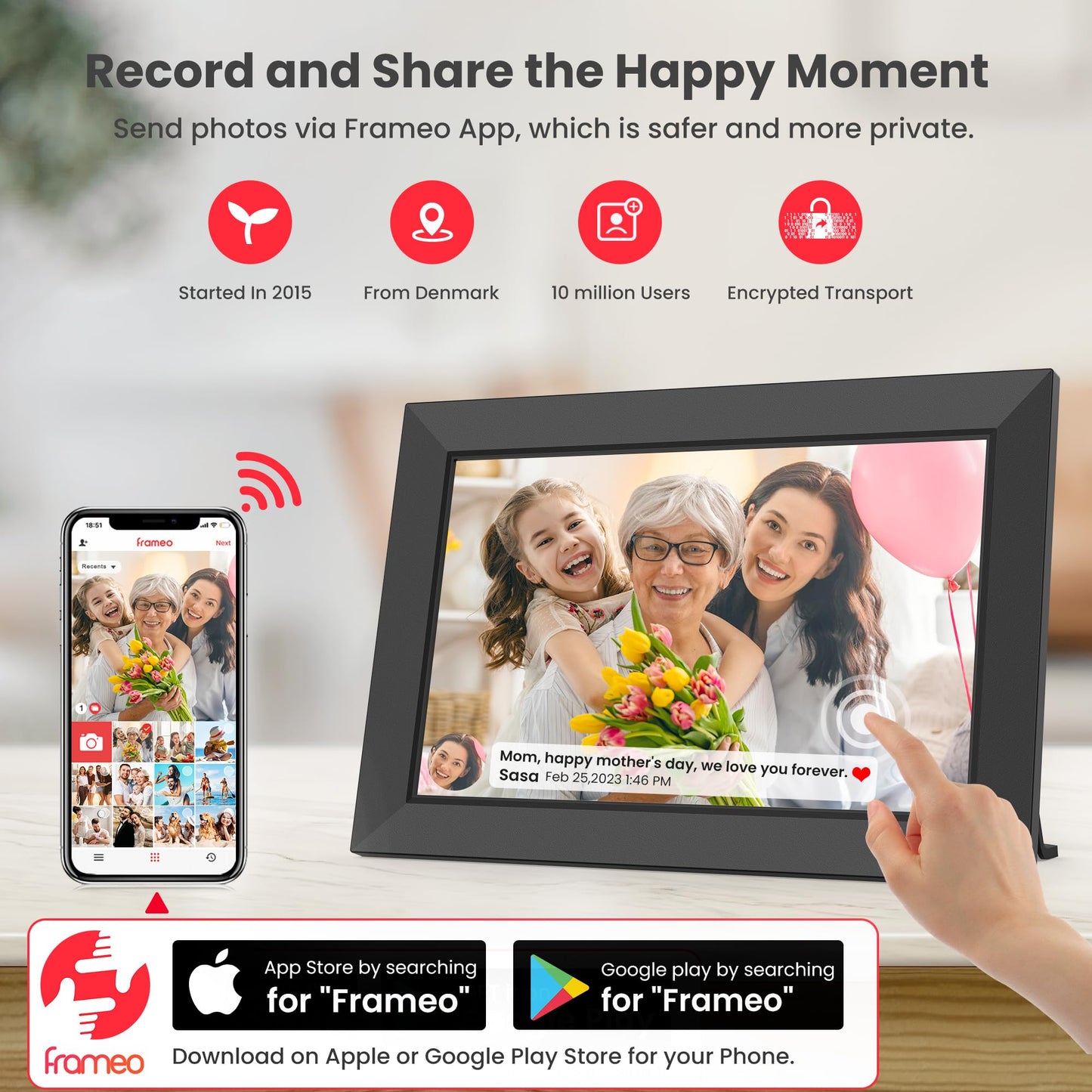 Frameo WiFi Digital Photo Frame 10.1 Inch - 1280x800 HD IPS Touch Screen Picture Frame Electronic, 32GB Memory, Auto Rotate, Wall Mountable, Digital PictureFrame for Sharing Photos and Videos
