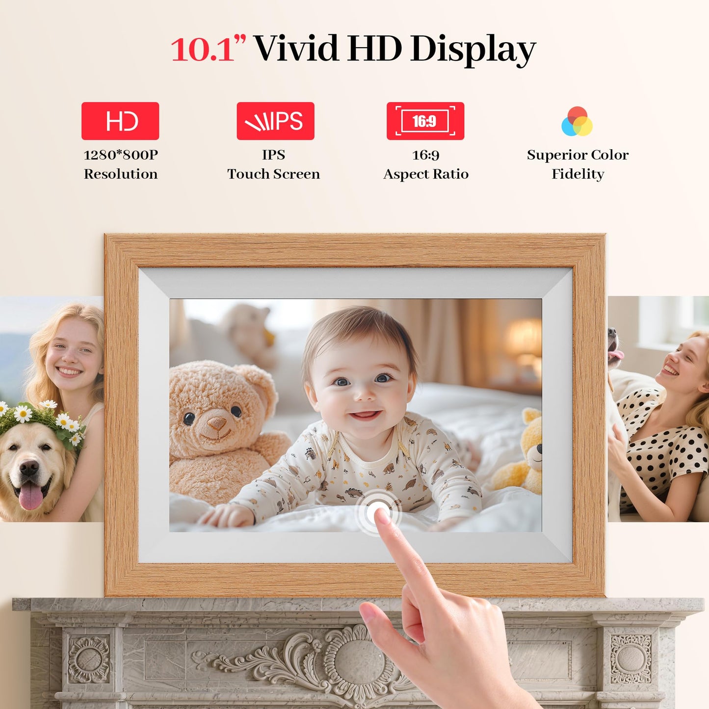 Frameo WiFi Digital Photo Frame 10.1 Inch Natural Wood - 1280x800 HD IPS Touch Screen Picture Frame Electronic, 32GB Memory, Auto Rotate, Digital PictureFrame for Sharing Photos and Videos