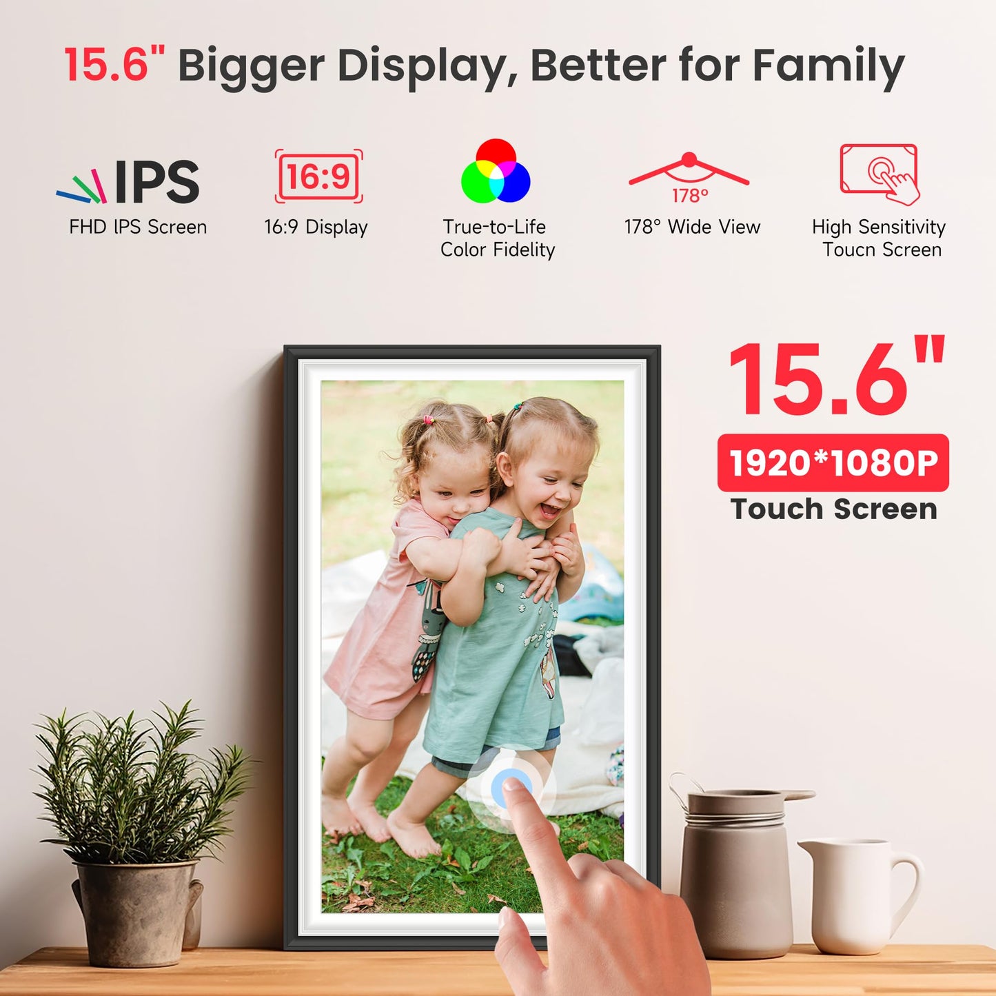 64GB 15.6 inch Frameo Digital Photo Frame WiFi -1920 * 1080 FHD Digital Picture Frame, IPS Touch Screen Electronic Frames with Auto-Rotate, Slideshow, Wall-Mounted, Share Photos Videos Instantly