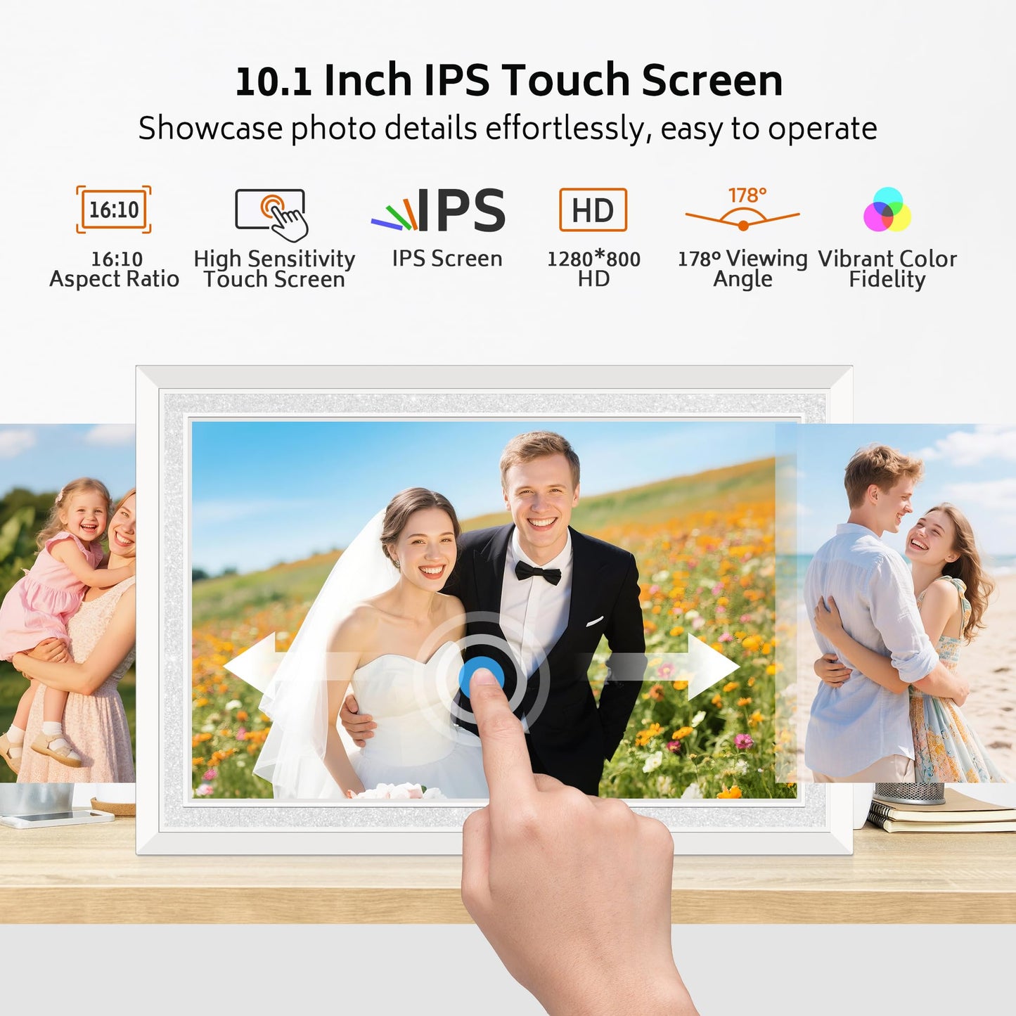 BIGASUO WiFi Digital Photo Frame 10.1 Inch with Frameo App - 1280x800 HD IPS Touch Screen Picture Frame Electronic, 32GB Memory, Auto Rotate, Wall Mountable, Digital PictureFrame for Sharing Photos and Videos