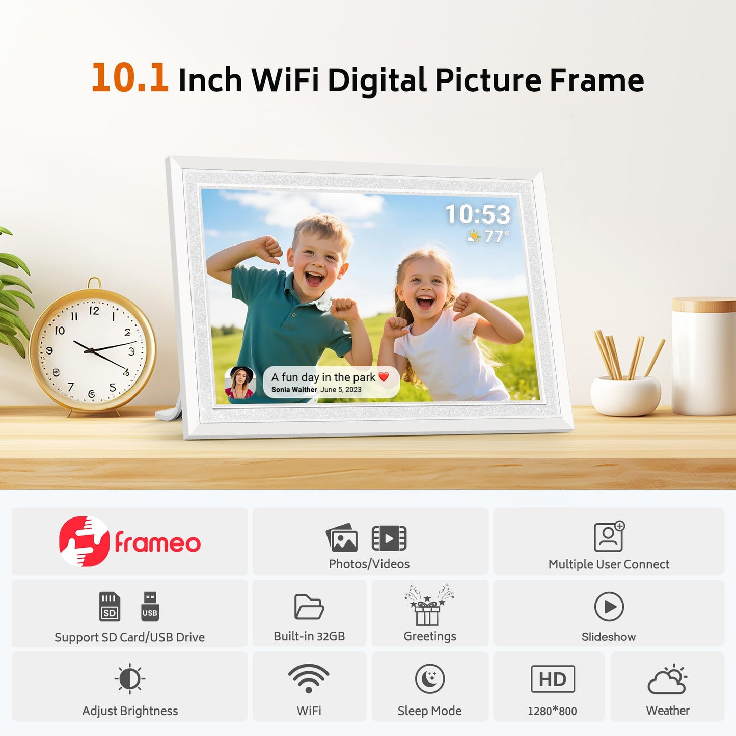 BIGASUO WiFi Digital Photo Frame 10.1 Inch with Frameo App - 1280x800 HD IPS Touch Screen Picture Frame Electronic, 32GB Memory, Auto Rotate, Wall Mountable, Digital PictureFrame for Sharing Photos and Videos