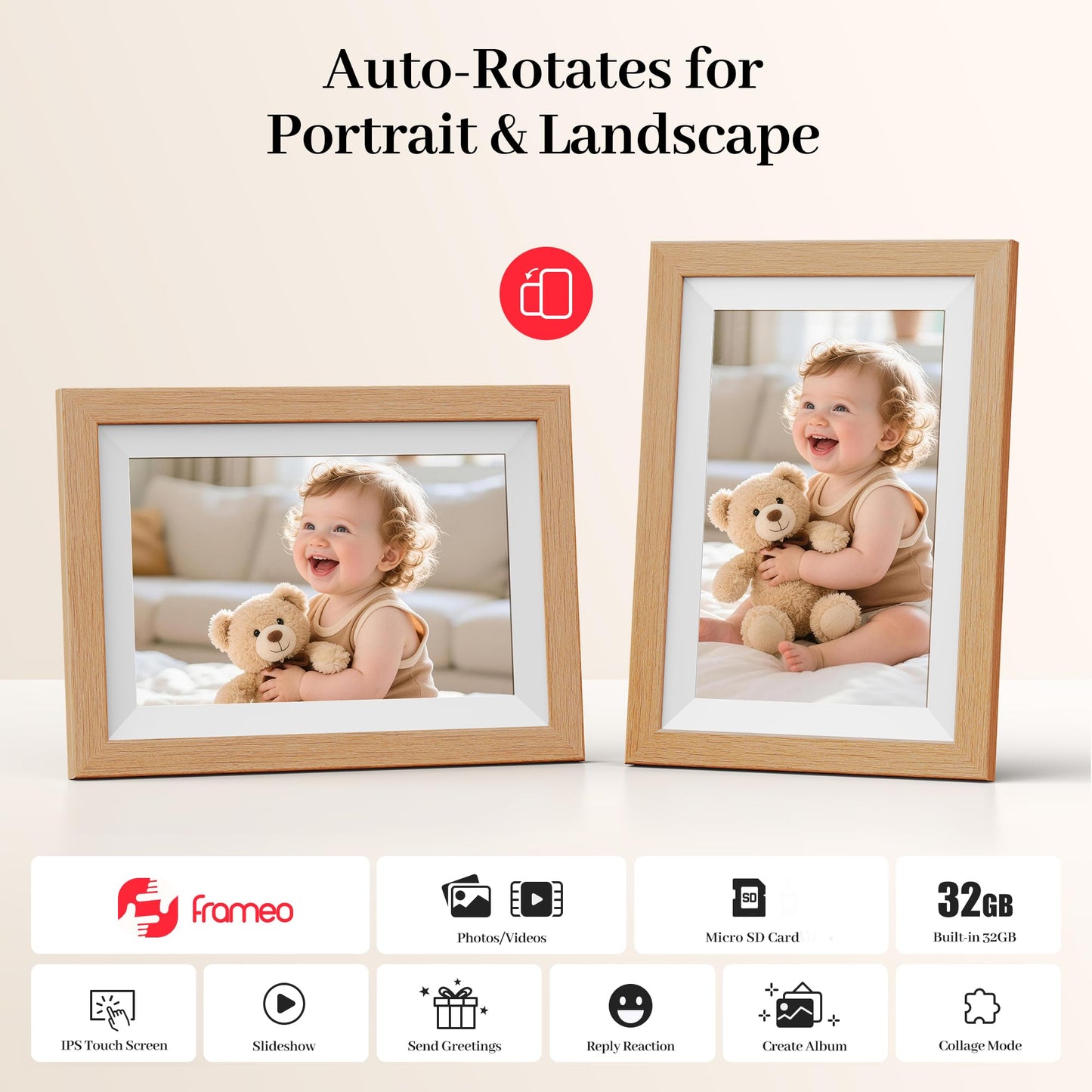 Frameo WiFi Digital Photo Frame 10.1 Inch Natural Wood - 1280x800 HD IPS Touch Screen Picture Frame Electronic, 32GB Memory, Auto Rotate, Digital PictureFrame for Sharing Photos and Videos