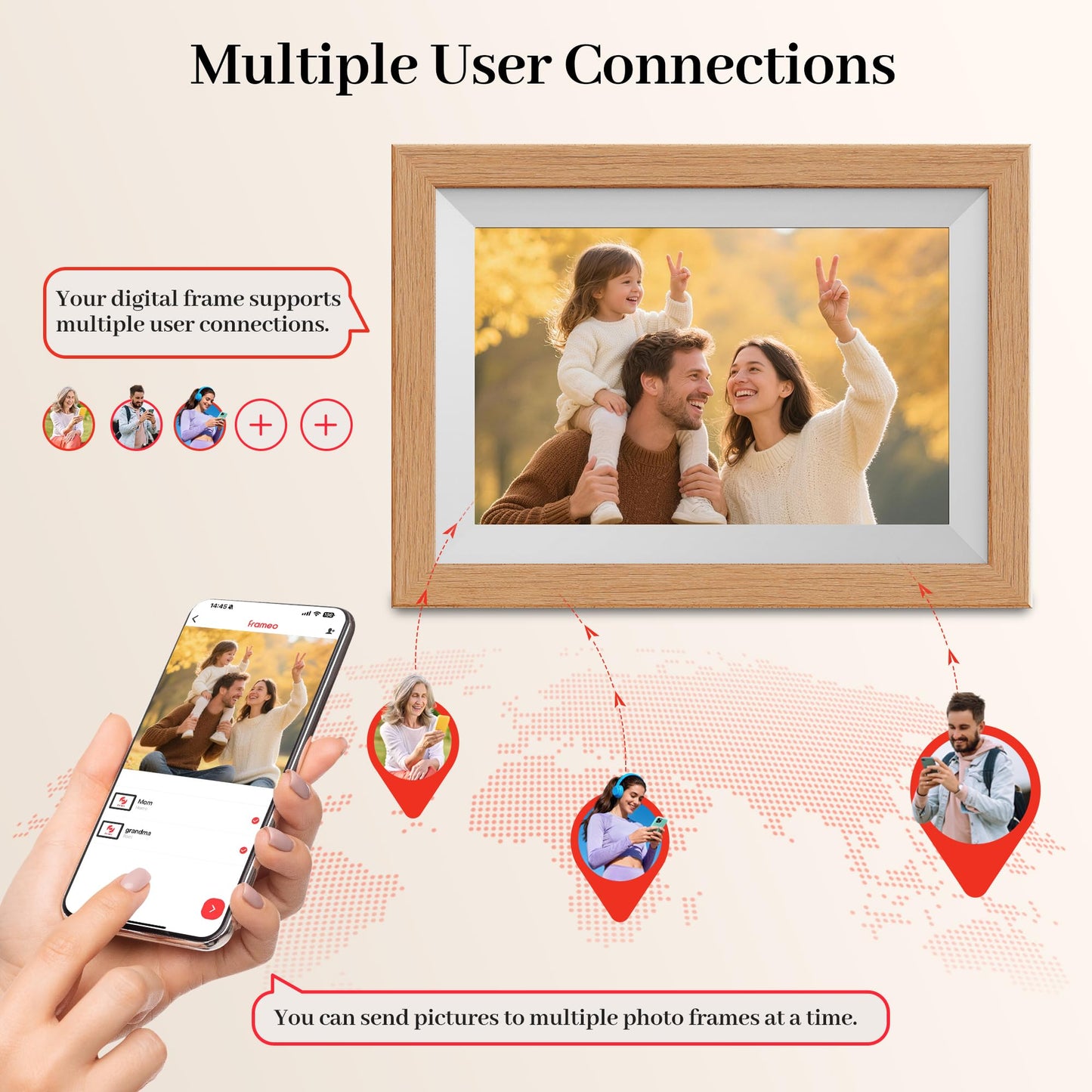 Frameo WiFi Digital Photo Frame 10.1 Inch Natural Wood - 1280x800 HD IPS Touch Screen Picture Frame Electronic, 32GB Memory, Auto Rotate, Digital PictureFrame for Sharing Photos and Videos