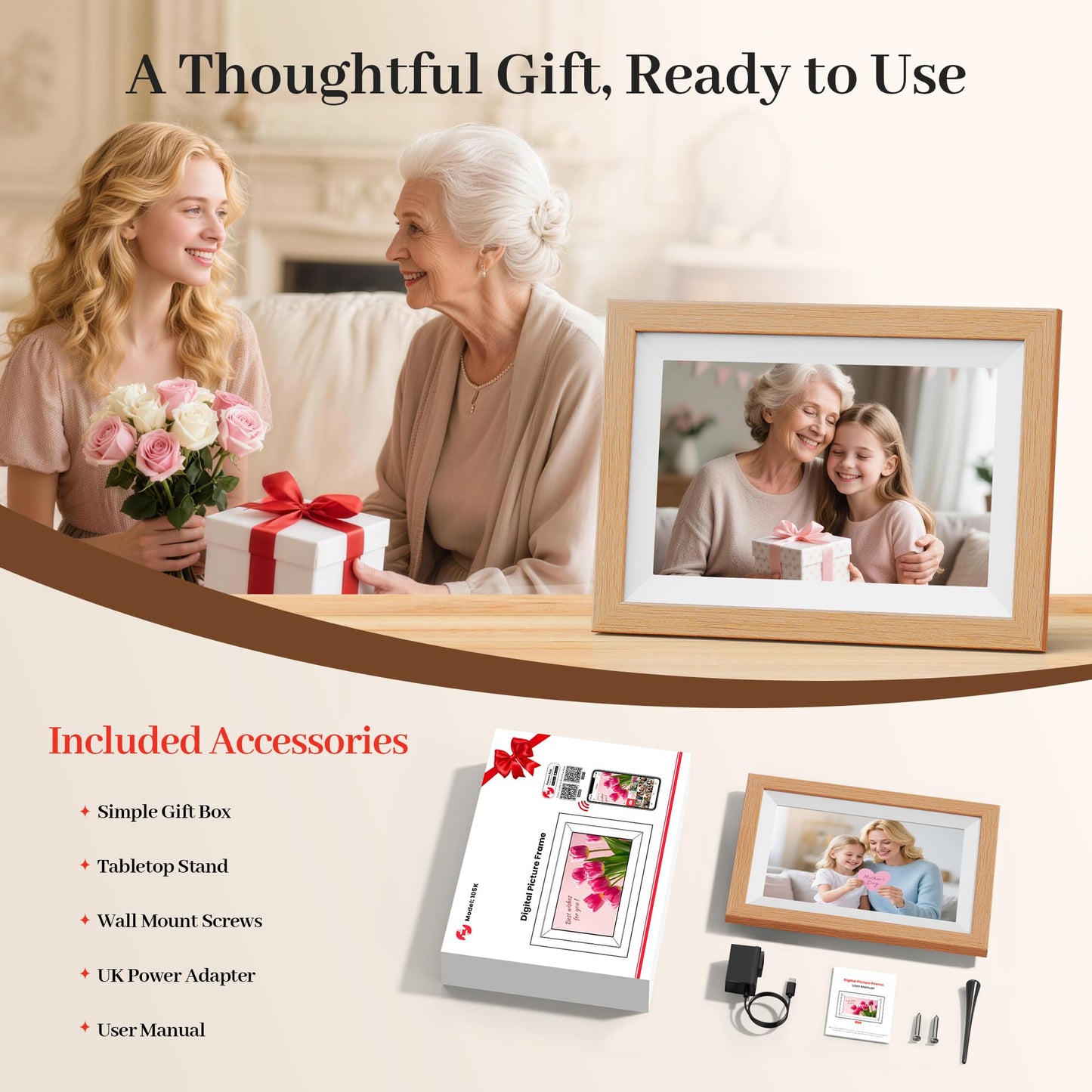 Frameo WiFi Digital Photo Frame 10.1 Inch Natural Wood - 1280x800 HD IPS Touch Screen Picture Frame Electronic, 32GB Memory, Auto Rotate, Digital PictureFrame for Sharing Photos and Videos