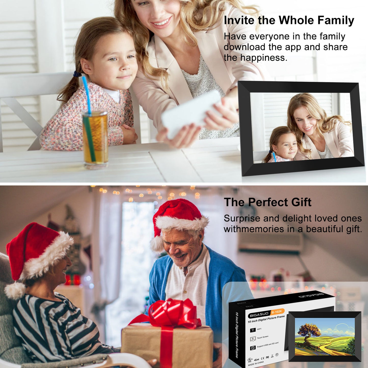 102K BIGASUO Digital Picture Frame - 10 inch WiFi Digital Frame IPS Touch Screen 1080P Photo Frame, 16GB Large Memory Share Moments Instantly via Mobile APP, Auto-Rotate, Support USB and SD Card