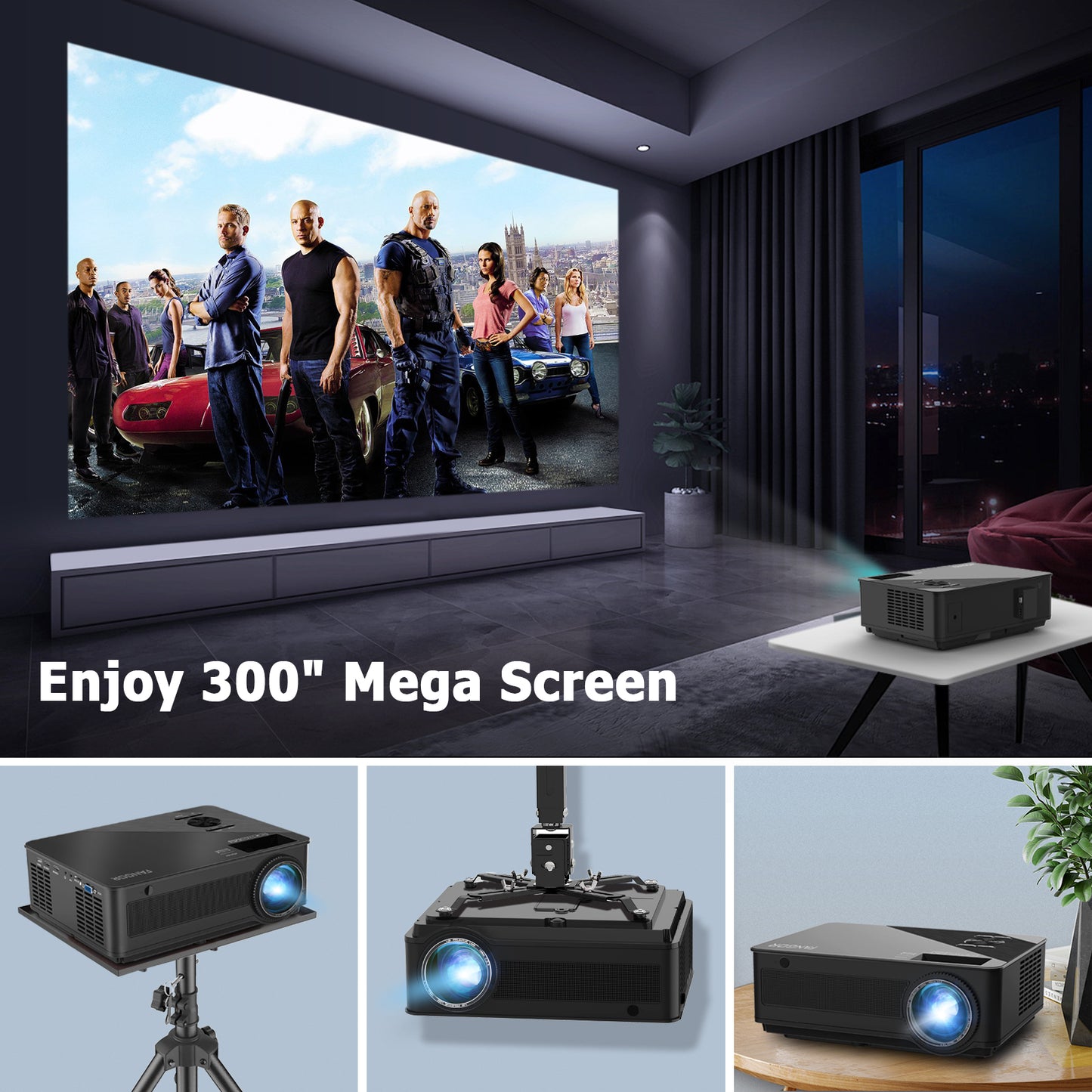 Native 1080P WiFi Projector - Outdoor Movie Projector with 100'' Projection Screen Included, FANGOR Bluetooth Projector 4K-Supported Video Projector, Compatible with Phones, Laptops, DVD, HDMI, USB