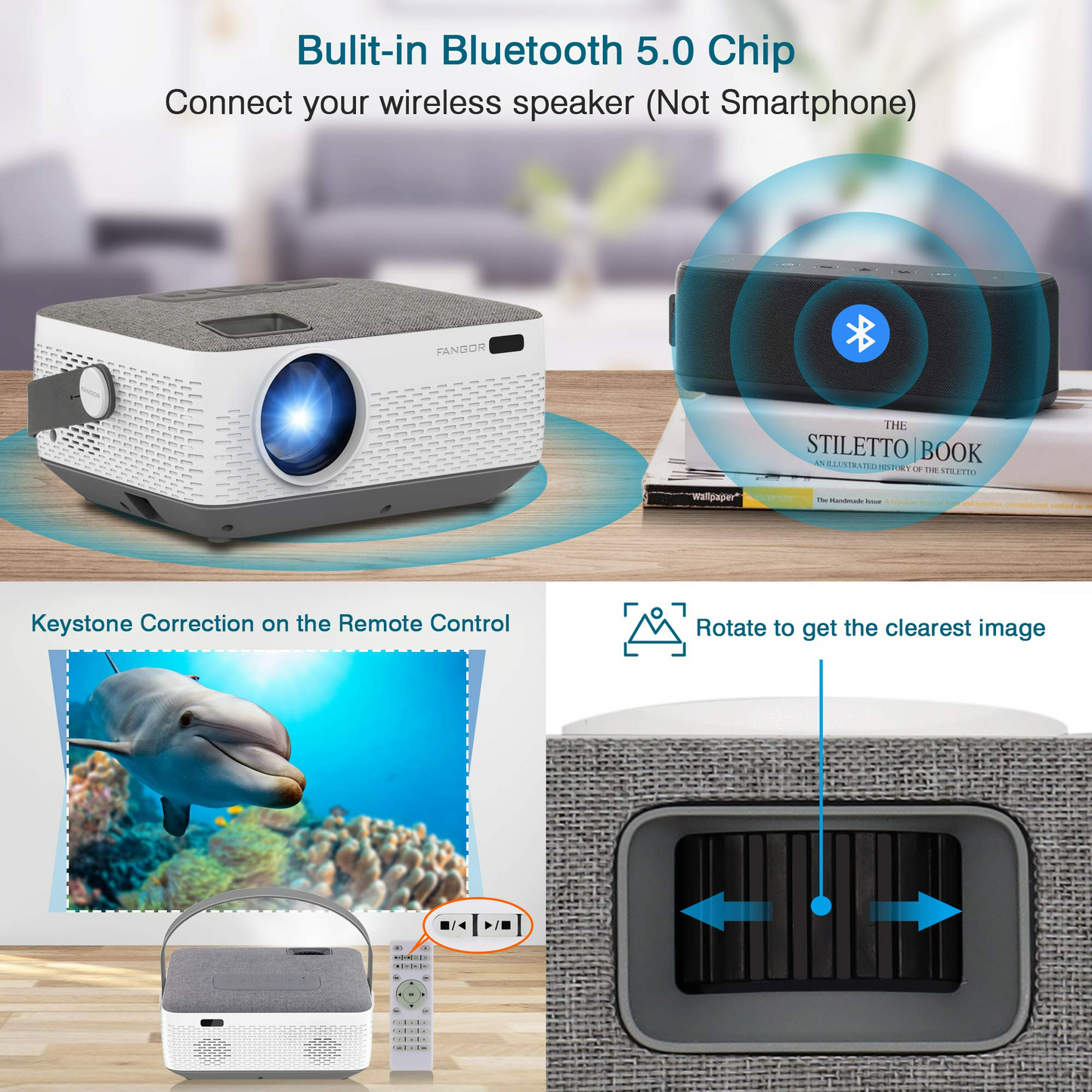 WiFi Projector Bluetooth 8400mAh Battery, Rechargeable Portable Home Projector, FANGOR 1080P Supported Movie Projector with Sync Smartphone Screen via WiFi/USB Cable, Compatible with iPhone, Laptop