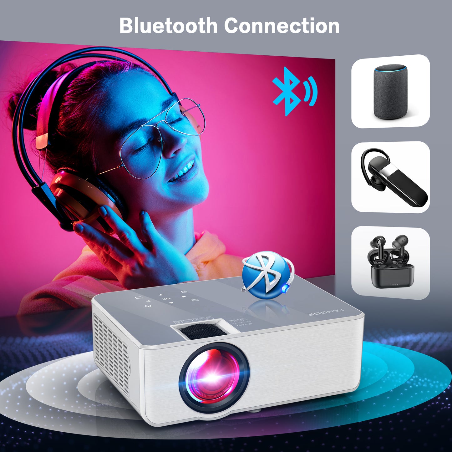 1080P HD Projector, WiFi Projector Bluetooth Projector, FANGOR 230" Portable Movie Projector with Tripod, Home Theater Video Projector Compatible with HDMI, VGA, USB, Laptop, iOS & Android Smartphone