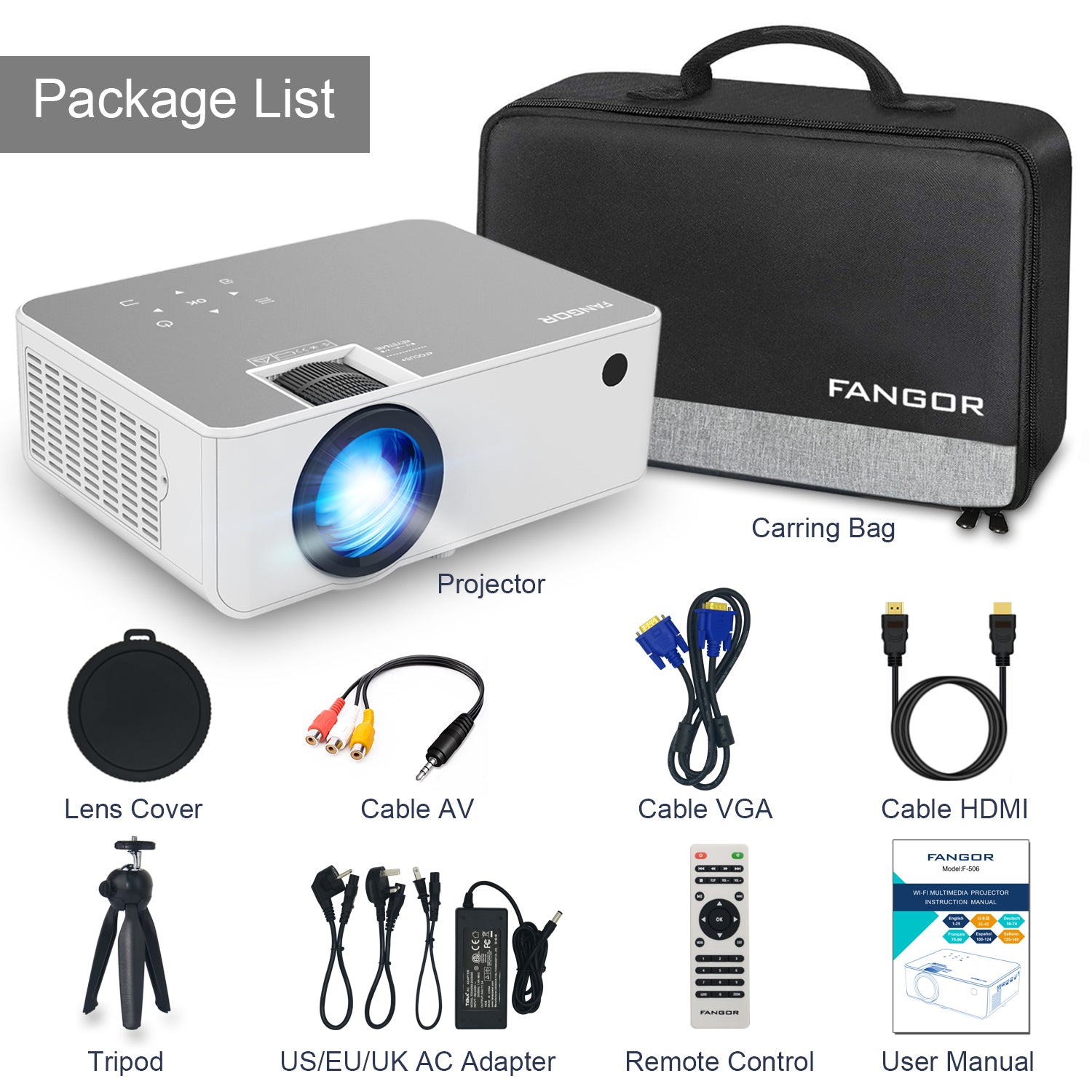 FANGOR 506 HD Projector, 1080P WiFi/Bluetooth(sell to JP)