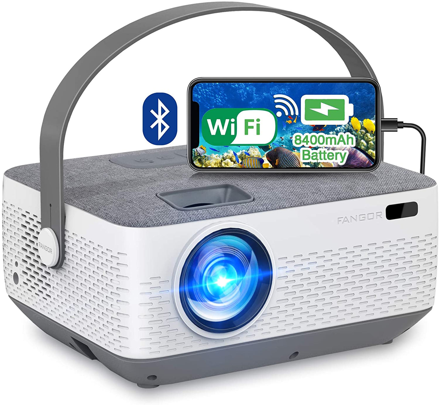 FANGOR 601 WiFi Projector Bluetooth 8400mAh Battery, Rechargeable Portable Home Projector,  1080P Supported