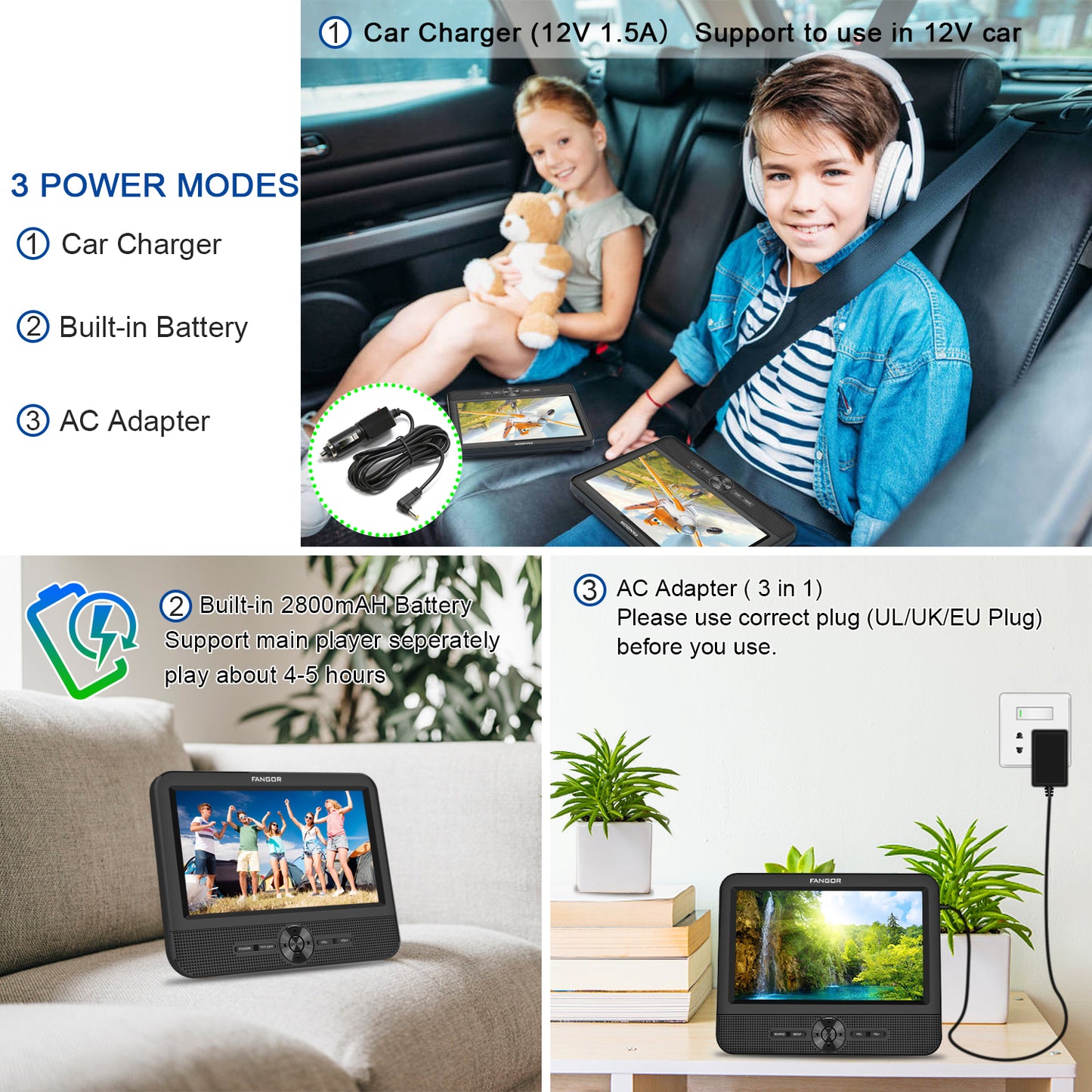 FANGOR 611  7.5’’ Dual Car DVD Player, Two Screens, USB/SD/MMC