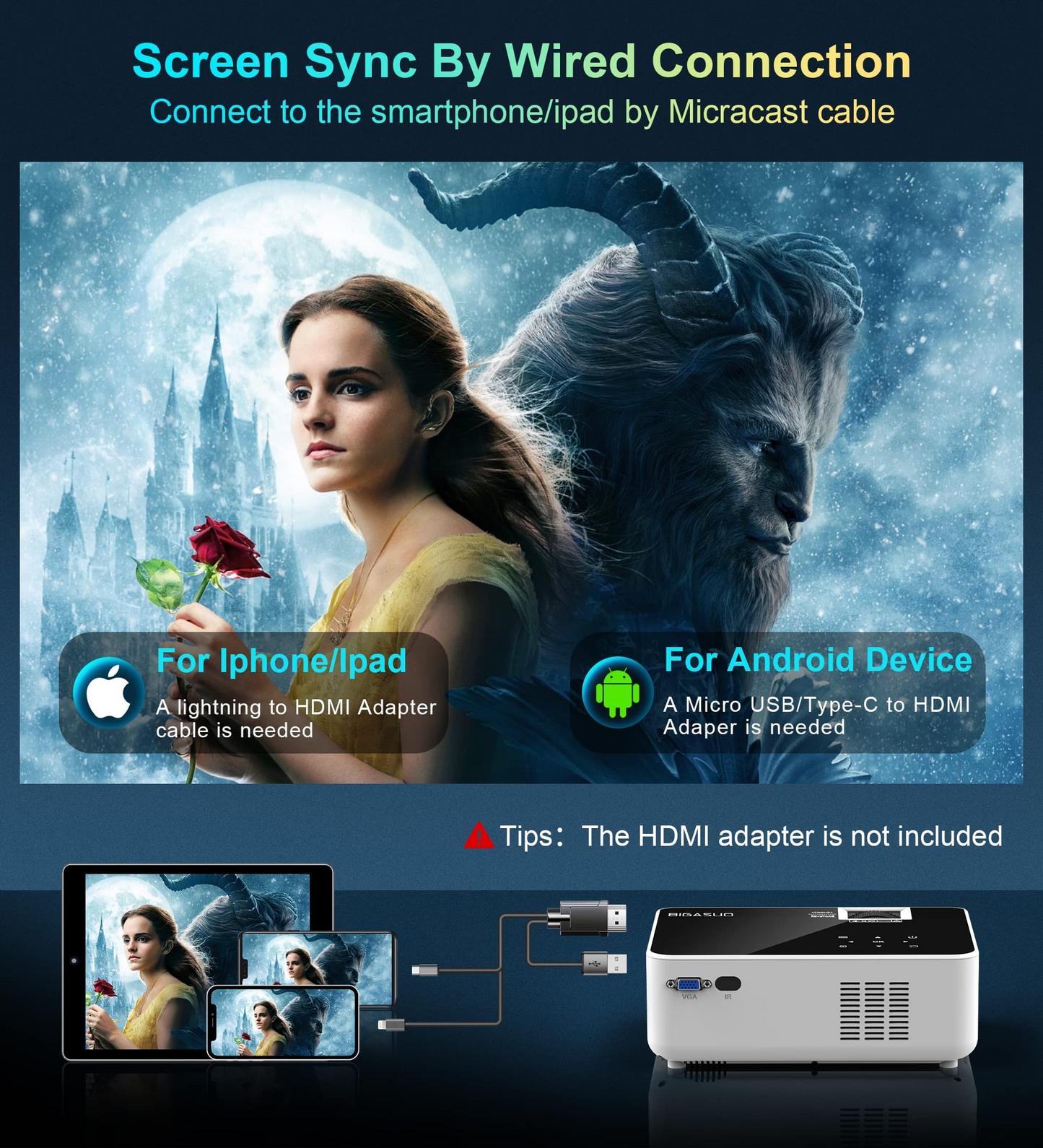 Native 1080P Bluetooth Projector with Screen - BIGASUO 8500L Outdoor Movie Projector, 230'' Home Theater Projector Touch Screen Compatible with iOS, Android, TV Stick, HDMI, Laptop, PC, PS4