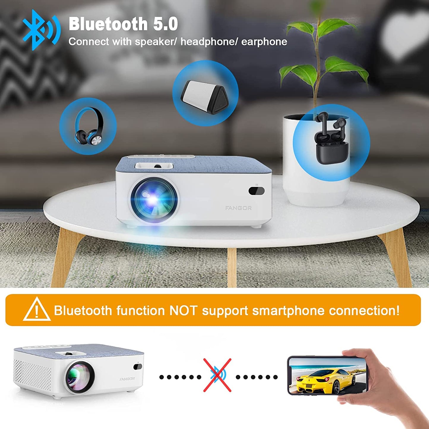 FANGOR HD Bluetooth Projector - Portable 1080P Supported Projector for Outdoor Movie, Mini Video Projector with Carry Bag & Tripod, Compatible Computer/ Laptop/ SD Cards/PS4/ Xbox