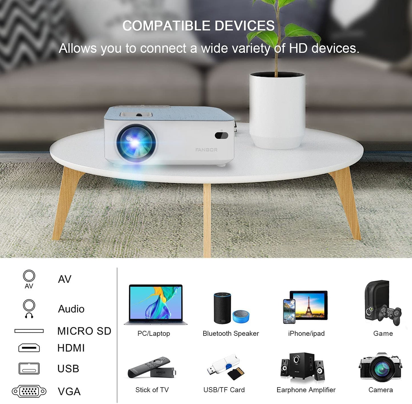 FANGOR HD Bluetooth Projector - Portable 1080P Supported Projector for Outdoor Movie, Mini Video Projector with Carry Bag & Tripod, Compatible Computer/ Laptop/ SD Cards/PS4/ Xbox