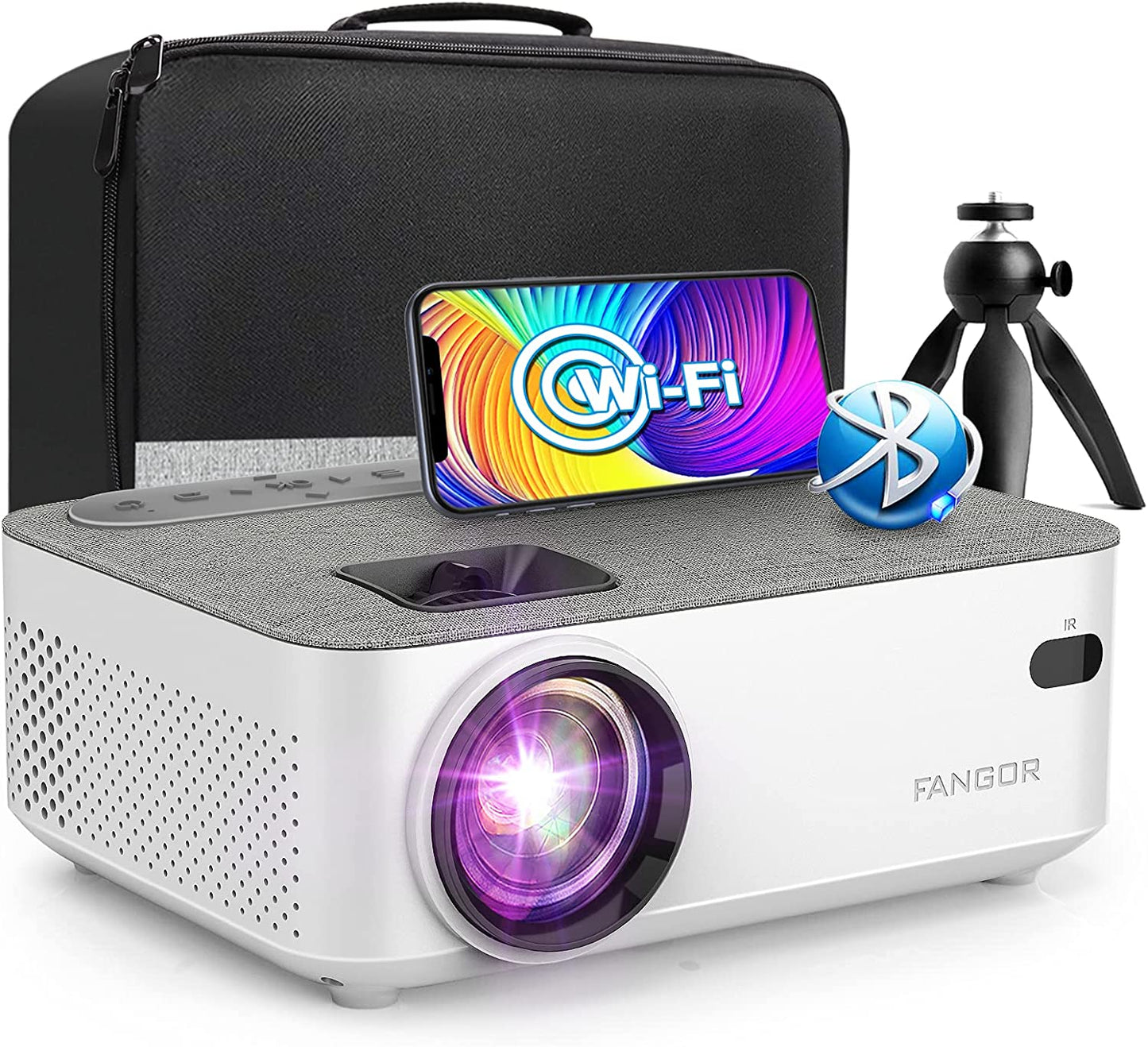 Mini WiFi Projector with Bluetooth - 1080P Supported Outdoor Movie Projector for Home Theater, FANGOR Portable Video Projector with HDMI USB VGA AV Interfaces [Tripod and Carry Bag Included]