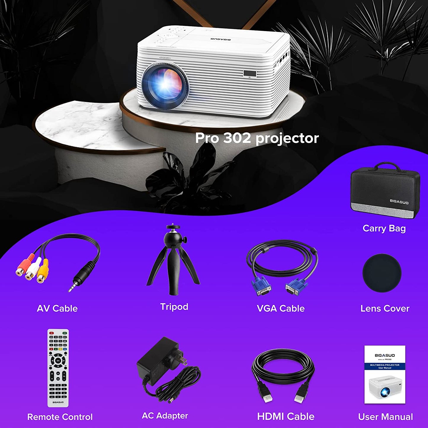 BIGASUO Upgrade HD Bluetooth Projector Built in DVD Player, Mini Video Projector 1080P Supported Compatible with TV/HDMI/VGA/AV/USB/TF SD Card, Portable Outdoor Movie Projector