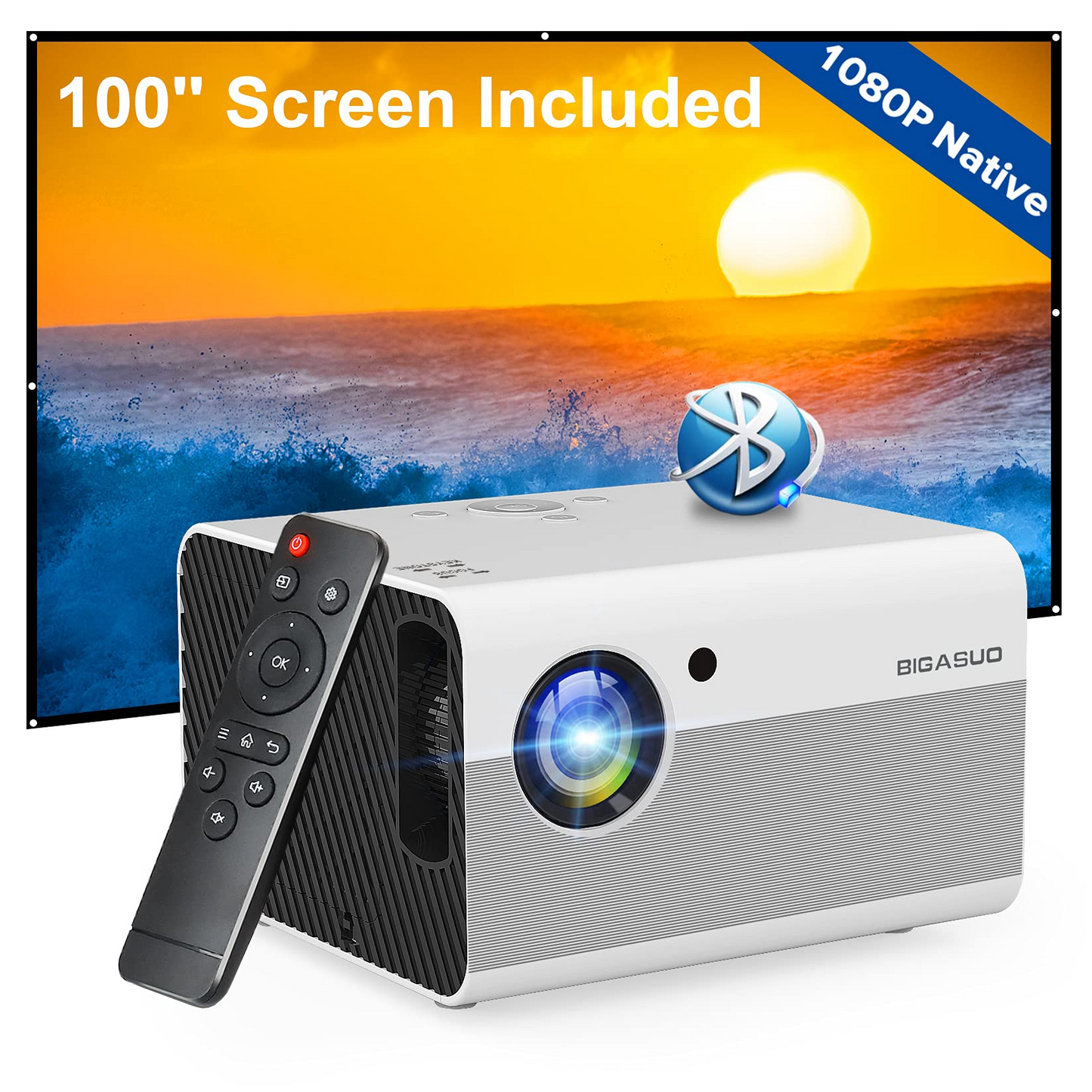 Native 1080P Projector Bluetooth with Digital Zoom&HiFi Stereo, BIGASUO Outdoor Movie Projector, 8000L Home Portable Projector Compatible HDMI,USB,AV,TV[100''Screen Included]