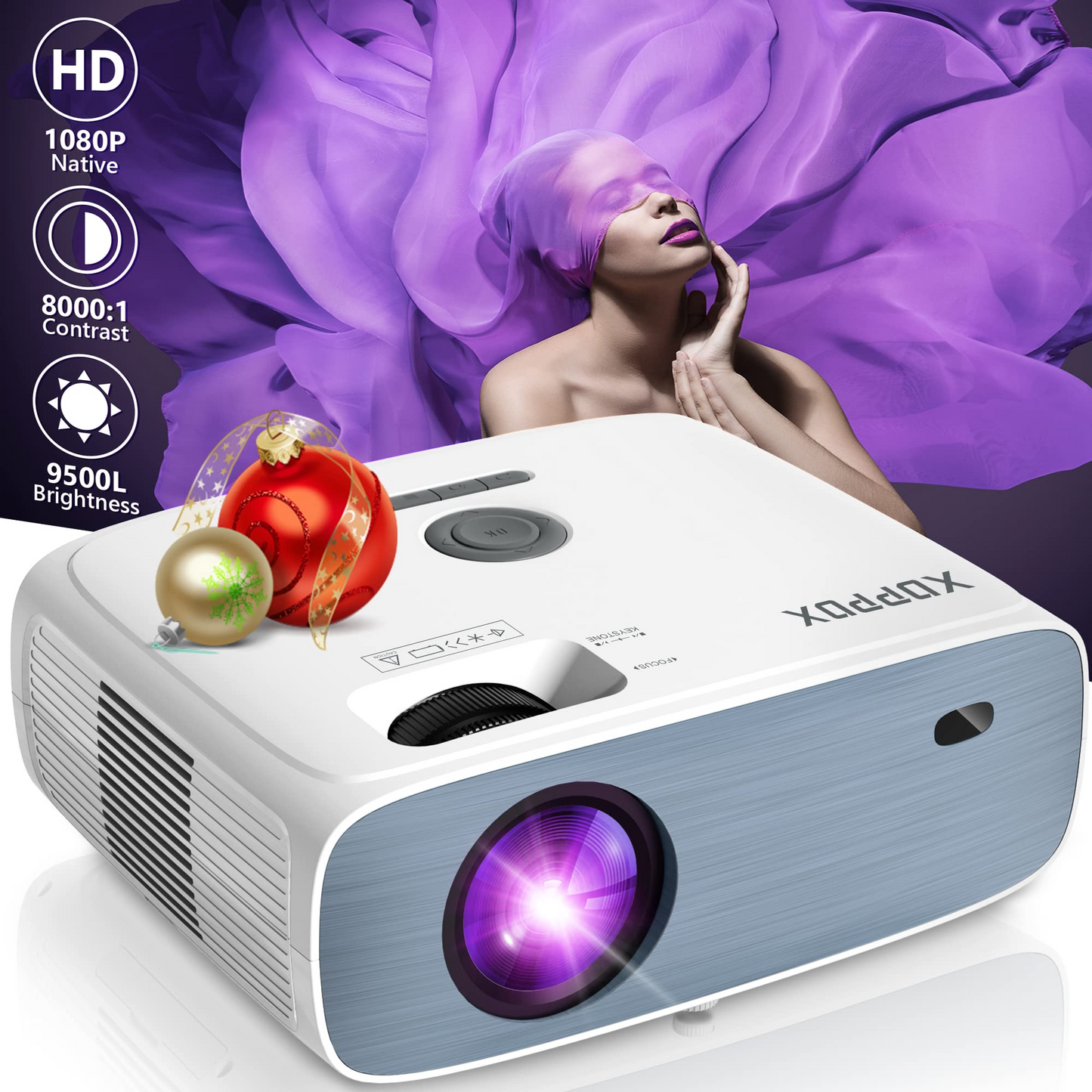Outdoor Projector 1080P Native, XOPPOX Video Projector Full HD, Home Movie Projector 9500L & 8000:1 for Smartphone/PC/Laptop/PS4