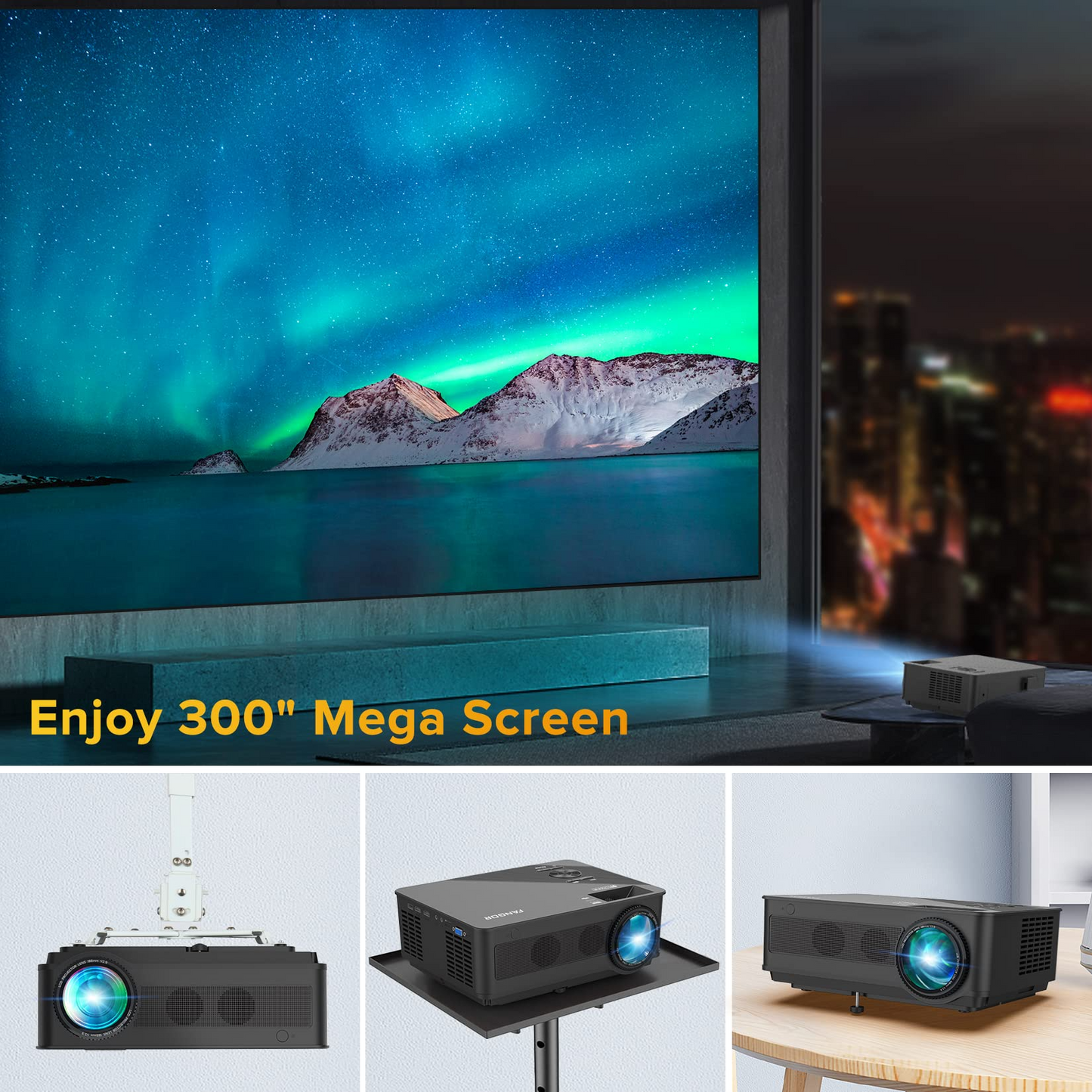 WiFi Bluetooth Projector - 1080P Native HD Projector Outdoor Movie Projector Support 300" Screen, FANGOR 6" TFT Panel Home Theater Video Projector with HiFi Stereo for Smartphone, DVD, Laptop, PS4