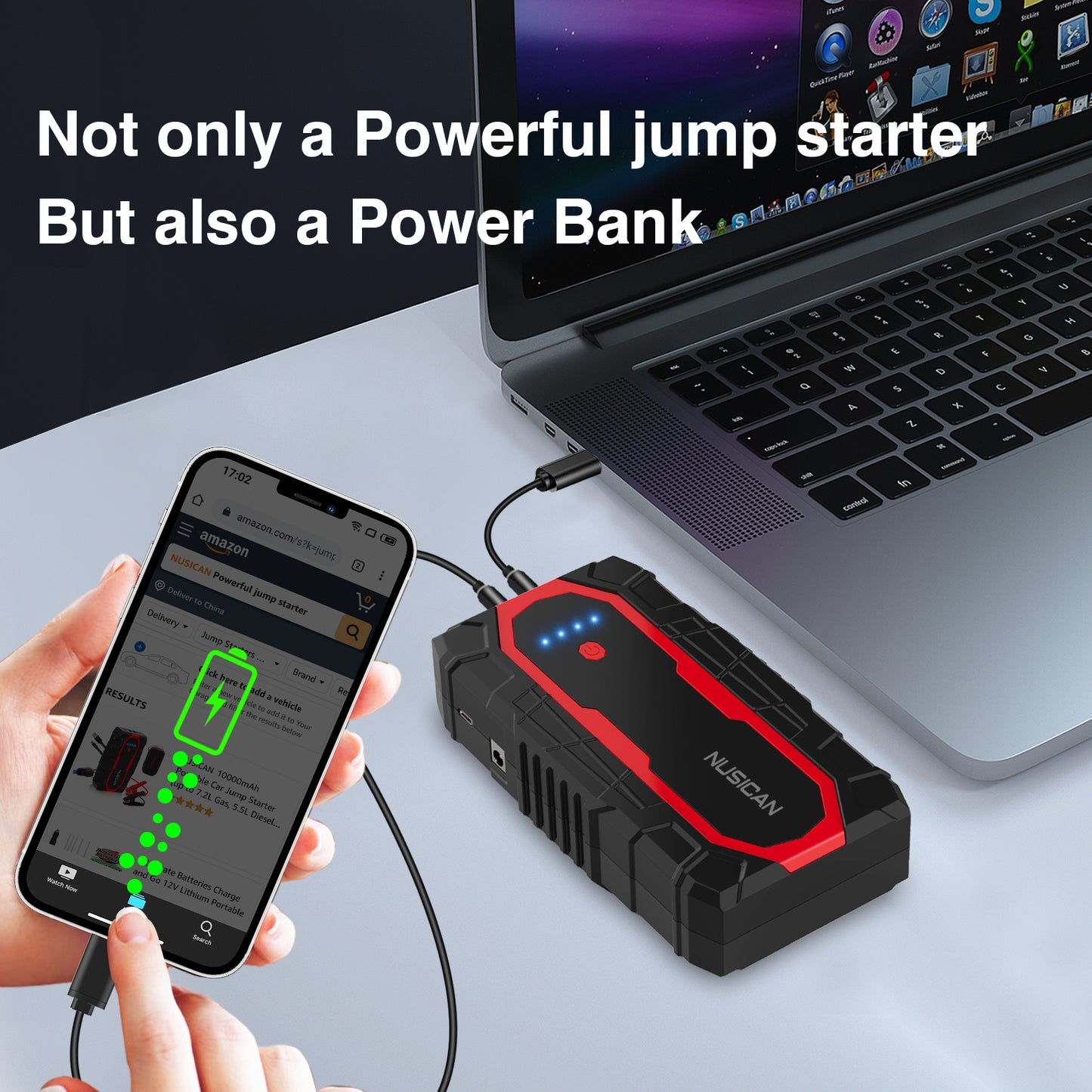NUSICAN Car Jump Starter, 2600A 22000mAh 12V Portable Battery Starter, Auto Battery Booster Pack with Dual USB / Quick Charge 3.0 /Type-C (up to 8.0L Gas/8.0L Diesel)